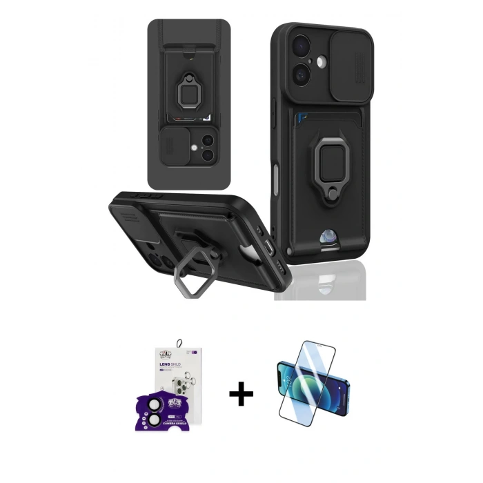 MARSİLYAN™- iPhone 16 Kılıf Vadi Form Prime - Siyah 3D Antistatik Seramik Nano Ekran Koruyucu + Bilvis Titan Kamera Lens - SH