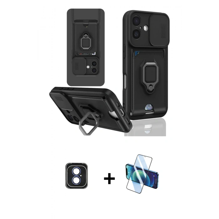 MARSİLYAN™- iPhone 16 Kılıf Vadi Form Prime - Siyah 3D Antistatik Seramik Nano Ekran Koruyucu + PVD Metal Kamera Lens - MI