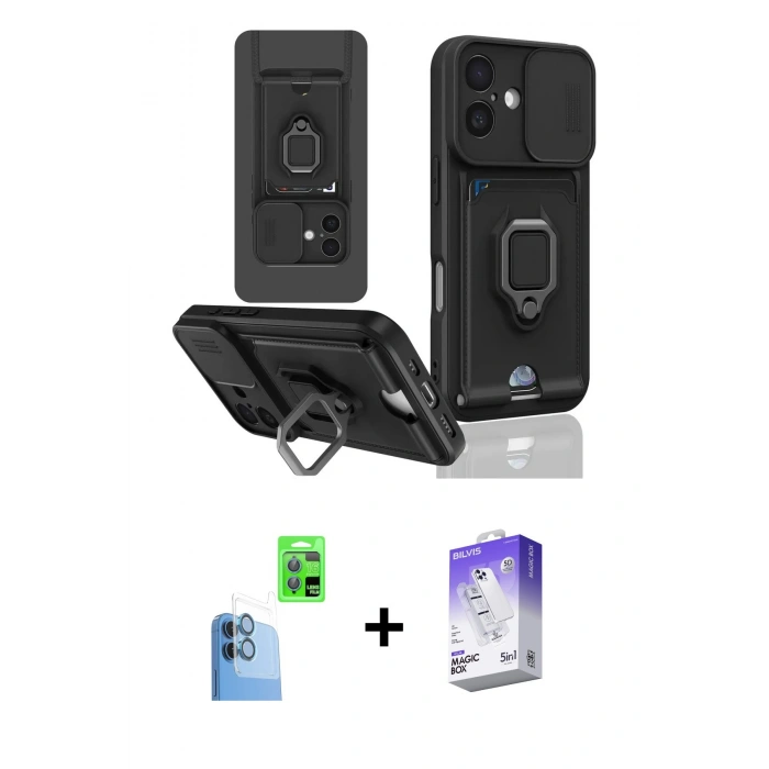 MARSİLYAN™- iPhone 16 Kılıf Vadi Form Prime - Siyah Bilvis 5in1 3D Magic Cam Ekran Koruyucu + Raze Metal Kamera Lens - LT