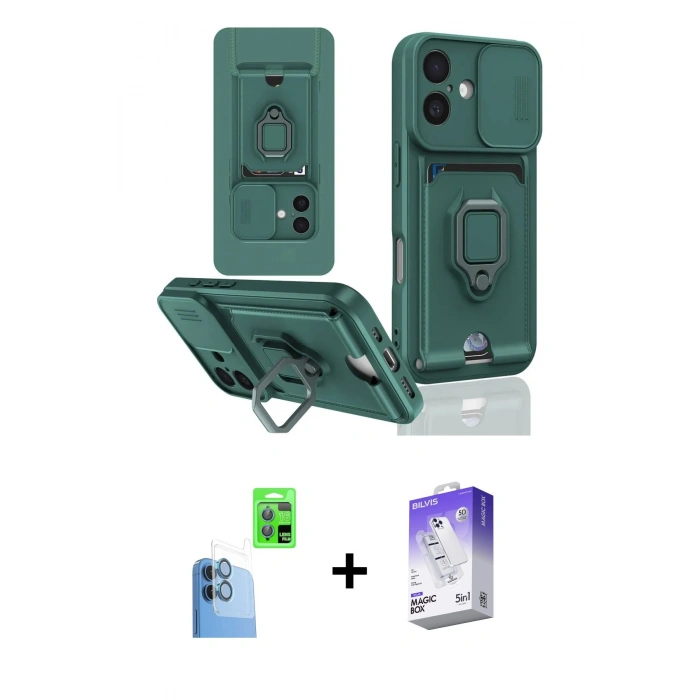 MARSİLYAN™- iPhone 16 Kılıf Vadi Form Prime - Siyah Bilvis 5in1 3D Magic Cam Ekran Koruyucu + Raze Metal Kamera Lens - LT