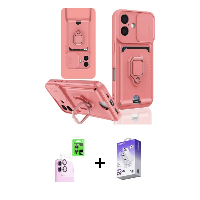 MARSİLYAN™- iPhone 16 Kılıf Vadi Form Prime - Siyah Bilvis 5in1 3D Magic Cam Ekran Koruyucu + Pembe Raze Metal Kamera Lens