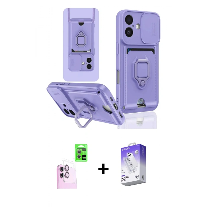 MARSİLYAN™- iPhone 16 Kılıf Vadi Form Prime - Siyah Bilvis 5in1 3D Magic Cam Ekran Koruyucu + Pembe Raze Metal Kamera Lens