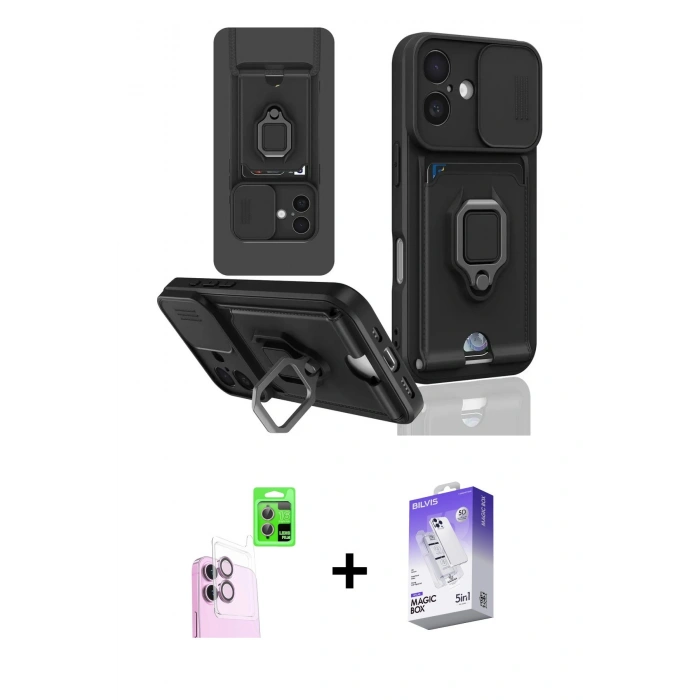 MARSİLYAN™- iPhone 16 Kılıf Vadi Form Prime - Siyah Bilvis 5in1 3D Magic Cam Ekran Koruyucu + Pembe Raze Metal Kamera Lens