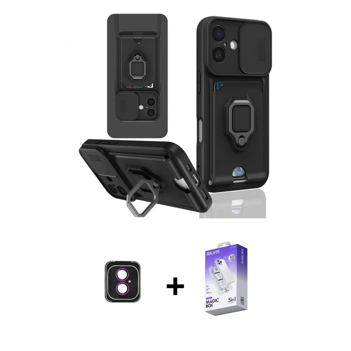 MARSİLYAN™- iPhone 16 Kılıf Vadi Form Prime - Siyah Bilvis 5in1 3D Magic Cam Ekran Koruyucu + PVD Metal Kamera Lens - PE