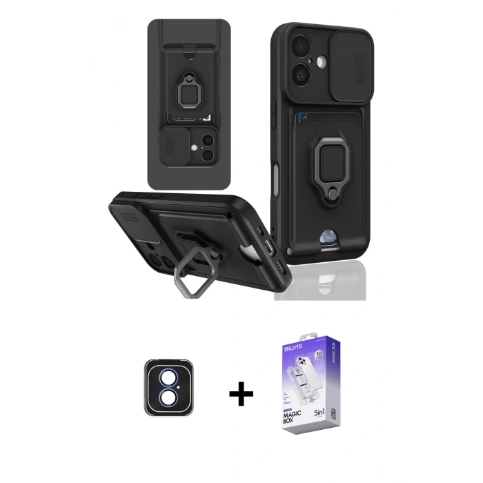 MARSİLYAN™- iPhone 16 Kılıf Vadi Form Prime - Siyah Bilvis 5in1 3D Magic Cam Ekran Koruyucu + PVD Metal Kamera Lens - MI