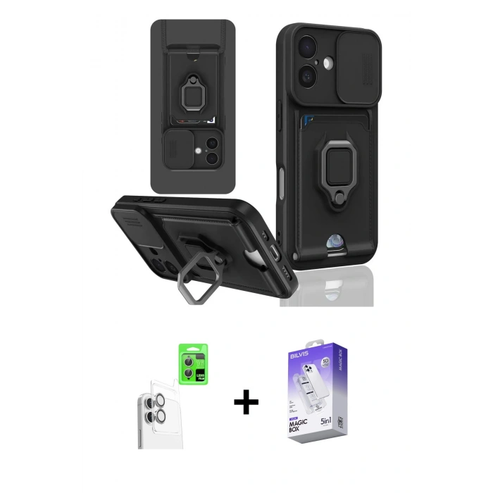 MARSİLYAN™- iPhone 16 Kılıf Vadi Form Prime - Siyah Bilvis 5in1 3D Magic Cam Ekran Koruyucu + Raze Metal Kamera Lens - BZ