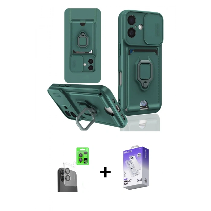 MARSİLYAN™- iPhone 16 Kılıf Vadi Form Prime - Siyah Bilvis 5in1 3D Magic Cam Ekran Koruyucu + Raze Metal Kamera Lens - SH