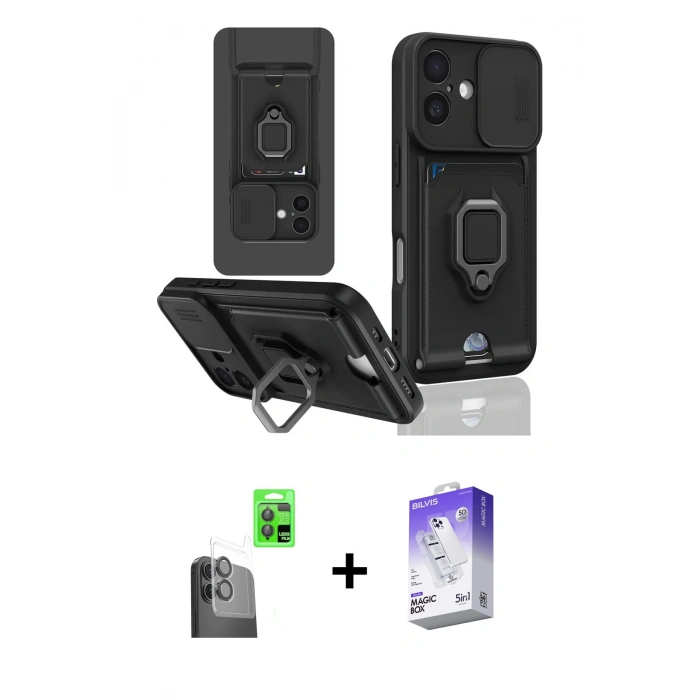 MARSİLYAN™- iPhone 16 Kılıf Vadi Form Prime - Siyah Bilvis 5in1 3D Magic Cam Ekran Koruyucu + Raze Metal Kamera Lens - SH