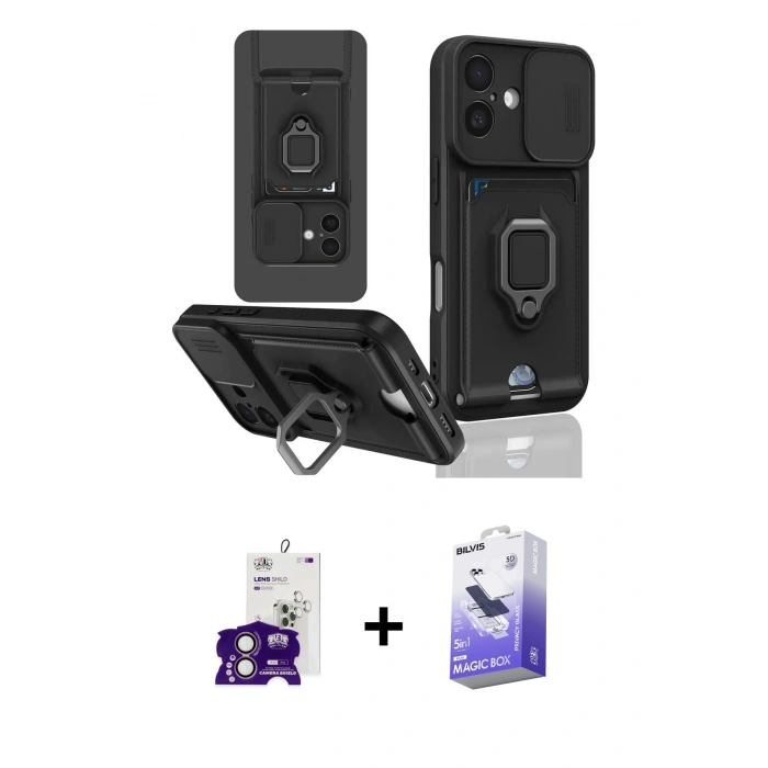 MARSİLYAN™- iPhone 16 Kılıf Vadi Form Prime - Siyah Bilvis 5in1 5D Magic Hayalet Cam Ekran Koruyucu + Bilvis Titan Kamera Lens - PE
