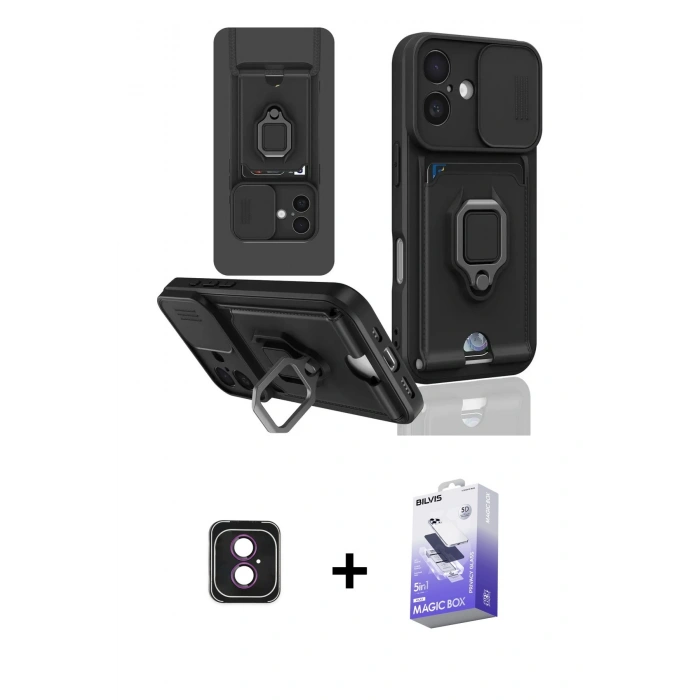 MARSİLYAN™- iPhone 16 Kılıf Vadi Form Prime - Siyah Bilvis 5in1 5D Magic Hayalet Cam Ekran Koruyucu + PVD Metal Kamera Lens - PE