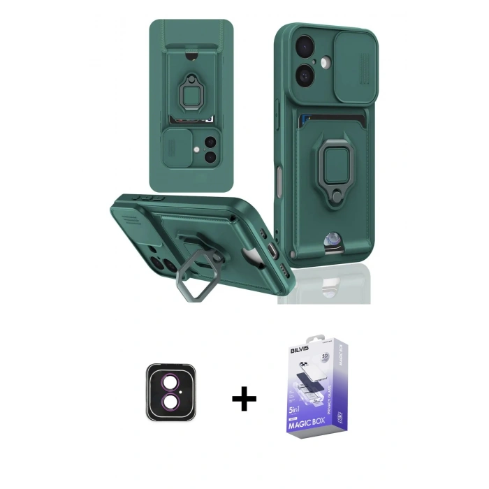 MARSİLYAN™- iPhone 16 Kılıf Vadi Form Prime - Siyah Bilvis 5in1 5D Magic Hayalet Cam Ekran Koruyucu + PVD Metal Kamera Lens - PE