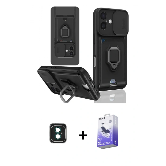 MARSİLYAN™- iPhone 16 Kılıf Vadi Form Prime - Siyah Bilvis 5in1 5D Magic Hayalet Cam Ekran Koruyucu + PVD Metal Kamera Lens - YL