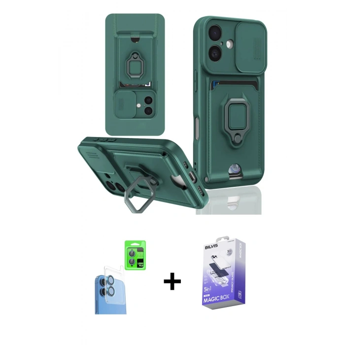 MARSİLYAN™- iPhone 16 Kılıf Vadi Form Prime - Siyah Bilvis 5in1 5D Magic Hayalet Cam Ekran Koruyucu + Raze Metal Kamera Lens - LT