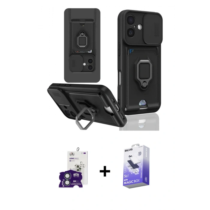 MARSİLYAN™- iPhone 16 Kılıf Vadi Form Prime - Siyah Bilvis 5in1 5D Magic Hayalet Cam Ekran Koruyucu + Bilvis Titan Kamera Lens - YL