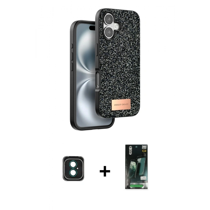 MARSİLYAN™- iPhone 16 Kılıf Vadi Klasik Serisi - Siyah 360 Mat Full Body Arka Koruyucu + PVD Metal Kamera Lens - YL