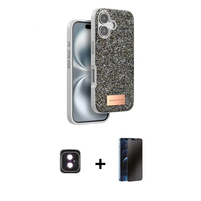 MARSİLYAN™- iPhone 16 Kılıf Vadi Klasik Serisi - Siyah 3D Antistatik Hayalet Cam Ekran Koruyucu + PVD Metal Kamera Lens - PE