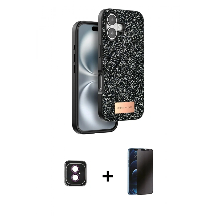 MARSİLYAN™- iPhone 16 Kılıf Vadi Klasik Serisi - Siyah 3D Antistatik Hayalet Cam Ekran Koruyucu + PVD Metal Kamera Lens - PE