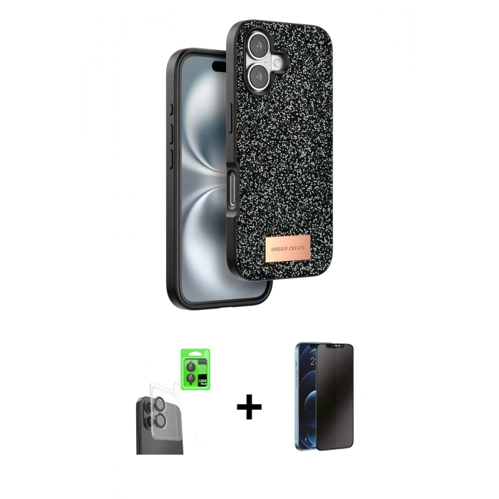 MARSİLYAN™- iPhone 16 Kılıf Vadi Klasik Serisi - Siyah 3D Antistatik Hayalet Cam Ekran Koruyucu + Raze Metal Kamera Lens - SH
