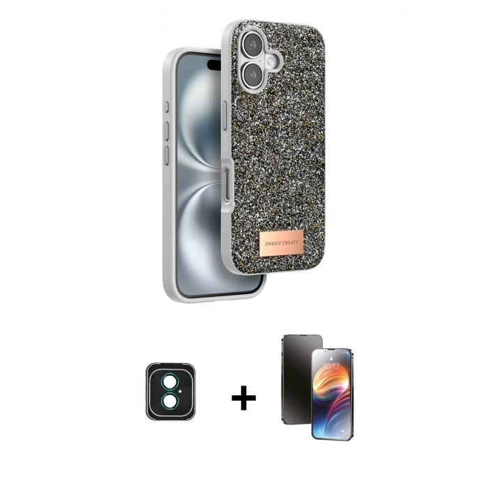 MARSİLYAN™- iPhone 16 Kılıf Vadi Klasik Serisi - Siyah 3D Antistatik Mat Seramik Nano Ekran Koruyucu + PVD Metal Kamera Lens - YL