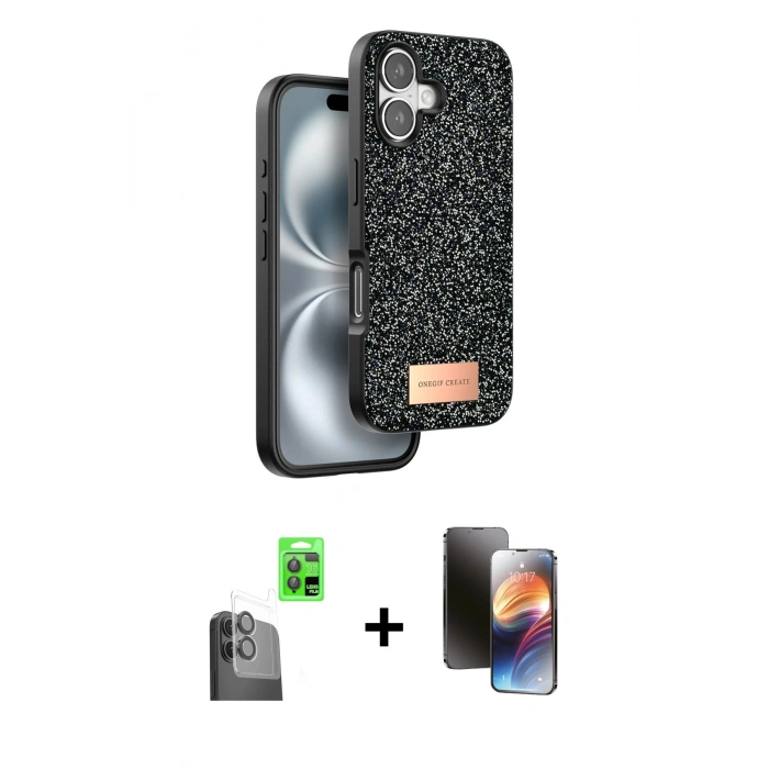 MARSİLYAN™- iPhone 16 Kılıf Vadi Klasik Serisi - Siyah 3D Antistatik Mat Seramik Nano Ekran Koruyucu + Raze Metal Kamera Lens - SH