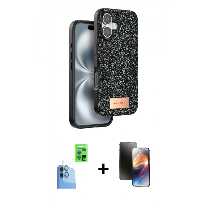 MARSİLYAN™- iPhone 16 Kılıf Vadi Klasik Serisi - Siyah 3D Antistatik Mat Seramik Nano Ekran Koruyucu + Raze Metal Kamera Lens - LT