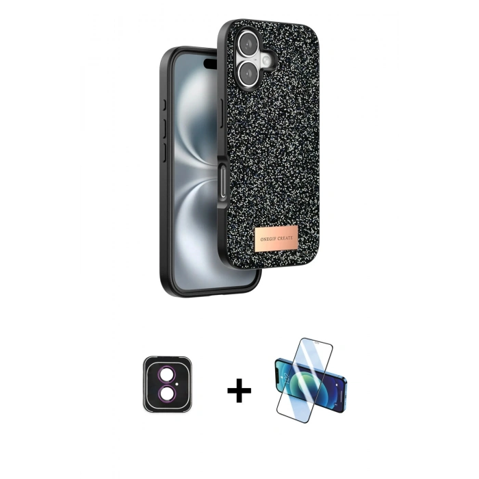 MARSİLYAN™- iPhone 16 Kılıf Vadi Klasik Serisi - Siyah 3D Antistatik Seramik Nano Ekran Koruyucu + PVD Metal Kamera Lens - PE
