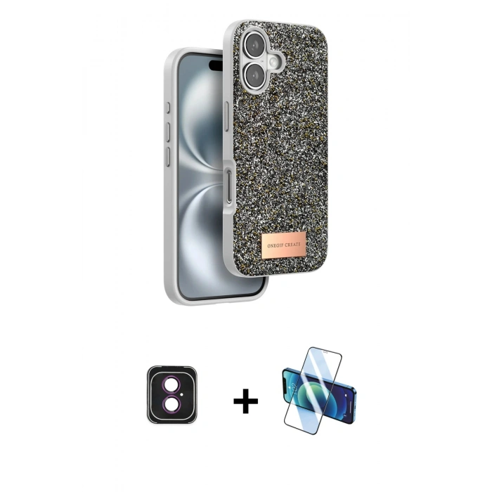 MARSİLYAN™- iPhone 16 Kılıf Vadi Klasik Serisi - Siyah 3D Antistatik Seramik Nano Ekran Koruyucu + PVD Metal Kamera Lens - PE