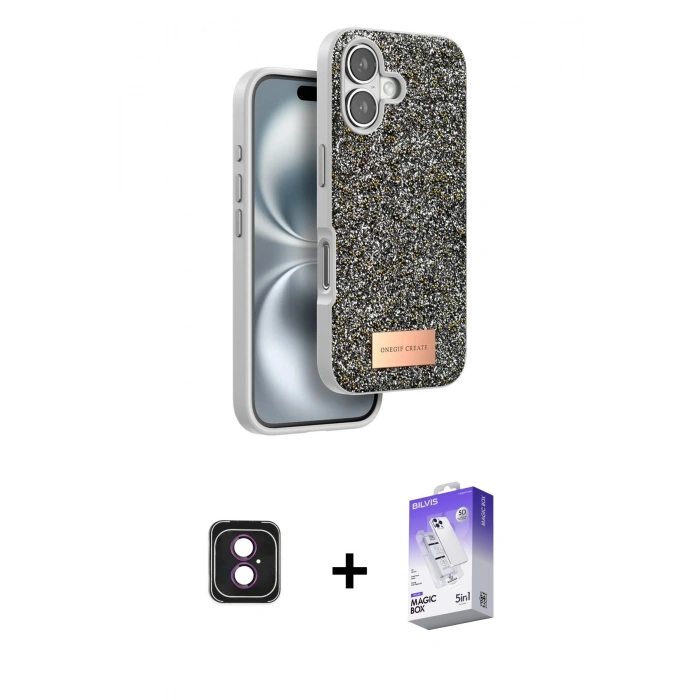 MARSİLYAN™- iPhone 16 Kılıf Vadi Klasik Serisi - Siyah Bilvis 5in1 3D Magic Cam Ekran Koruyucu + PVD Metal Kamera Lens - PE
