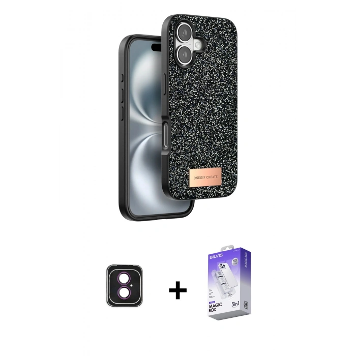 MARSİLYAN™- iPhone 16 Kılıf Vadi Klasik Serisi - Siyah Bilvis 5in1 3D Magic Cam Ekran Koruyucu + PVD Metal Kamera Lens - PE