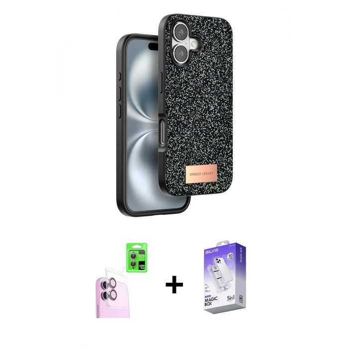 MARSİLYAN™- iPhone 16 Kılıf Vadi Klasik Serisi - Siyah Bilvis 5in1 3D Magic Cam Ekran Koruyucu + Raze Metal Kamera Lens - PE