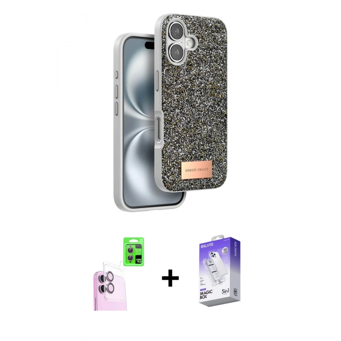 MARSİLYAN™- iPhone 16 Kılıf Vadi Klasik Serisi - Siyah Bilvis 5in1 3D Magic Cam Ekran Koruyucu + Raze Metal Kamera Lens - PE