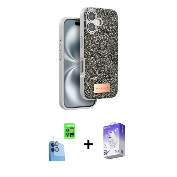MARSİLYAN™- iPhone 16 Kılıf Vadi Klasik Serisi - Siyah Bilvis 5in1 3D Magic Cam Ekran Koruyucu + Raze Metal Kamera Lens - LT
