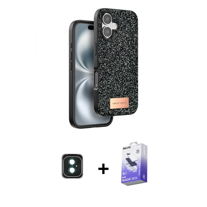 MARSİLYAN™- iPhone 16 Kılıf Vadi Klasik Serisi - Siyah Bilvis 5in1 5D Magic Hayalet Cam Ekran Koruyucu + PVD Metal Kamera Lens - YL