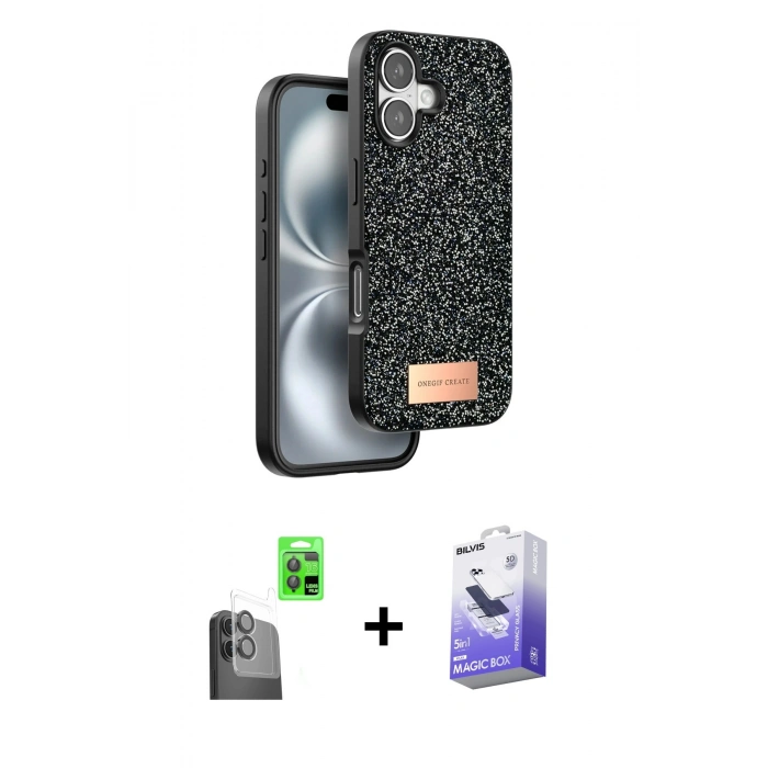 MARSİLYAN™- iPhone 16 Kılıf Vadi Klasik Serisi - Siyah Bilvis 5in1 5D Magic Hayalet Cam Ekran Koruyucu + Raze Metal Kamera Lens - SH