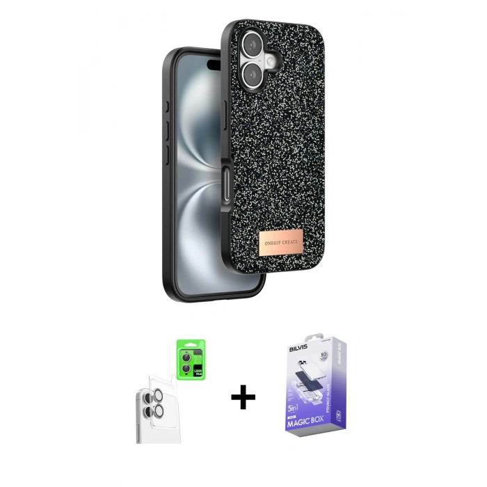 MARSİLYAN™- iPhone 16 Kılıf Vadi Klasik Serisi - Siyah Bilvis 5in1 5D Magic Hayalet Cam Ekran Koruyucu + Raze Metal Kamera Lens - BZ