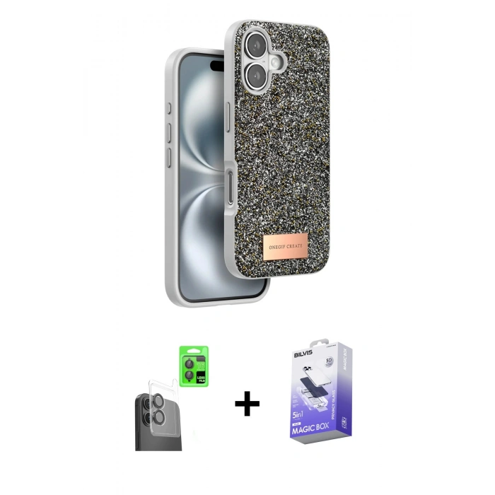 MARSİLYAN™- iPhone 16 Kılıf Vadi Klasik Serisi - Siyah Bilvis 5in1 5D Magic Hayalet Cam Ekran Koruyucu + Raze Metal Kamera Lens - SH