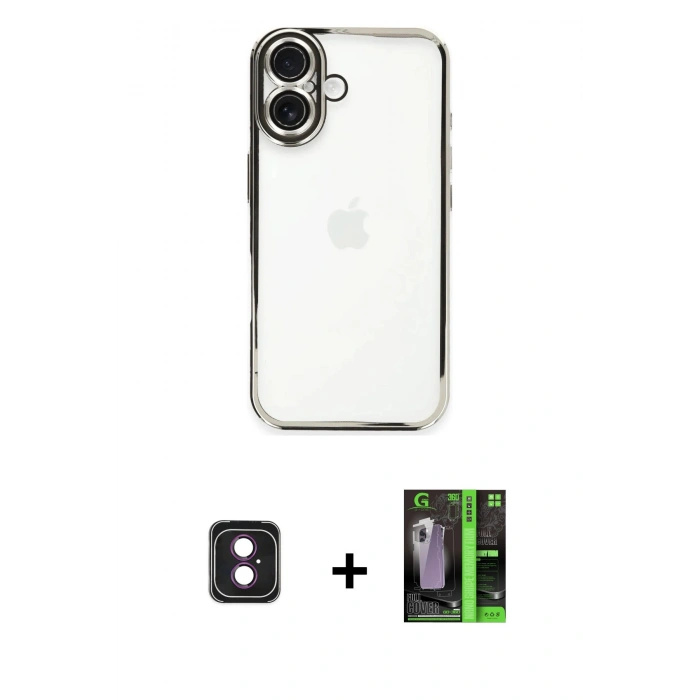 MARSİLYAN™- iPhone 16 Kılıf Vadi Minimal - Şeffaf 360 Full Body Arka Koruyucu + PVD Metal Kamera Lens - PE