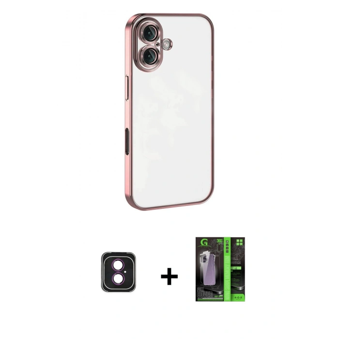 MARSİLYAN™- iPhone 16 Kılıf Vadi Minimal - Şeffaf 360 Full Body Arka Koruyucu + PVD Metal Kamera Lens - PE