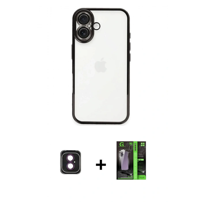 MARSİLYAN™- iPhone 16 Kılıf Vadi Minimal - Şeffaf 360 Full Body Arka Koruyucu + PVD Metal Kamera Lens - PE