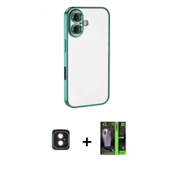 MARSİLYAN™- iPhone 16 Kılıf Vadi Minimal - Şeffaf 360 Full Body Arka Koruyucu + PVD Metal Kamera Lens - PE