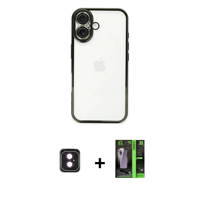 MARSİLYAN™- iPhone 16 Kılıf Vadi Minimal - Şeffaf 360 Full Body Arka Koruyucu + PVD Metal Kamera Lens - PE