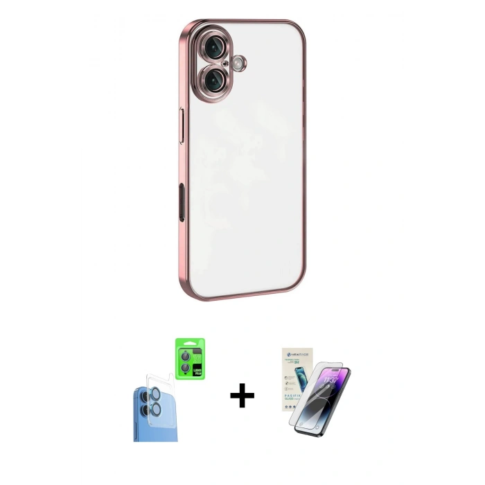 MARSİLYAN™- iPhone 16 Kılıf Vadi Minimal - Şeffaf Pasifik Cam Ekran Koruyucu + Raze Metal Kamera Lens - LT