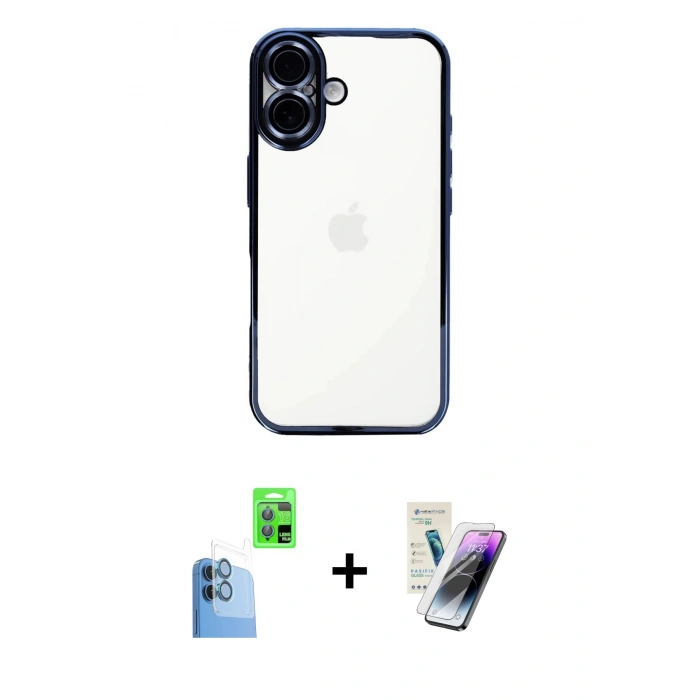 MARSİLYAN™- iPhone 16 Kılıf Vadi Minimal - Şeffaf Pasifik Cam Ekran Koruyucu + Raze Metal Kamera Lens - LT