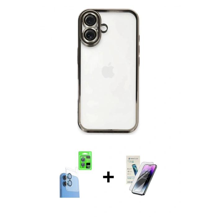 MARSİLYAN™- iPhone 16 Kılıf Vadi Minimal - Şeffaf Pasifik Cam Ekran Koruyucu + Raze Metal Kamera Lens - LT