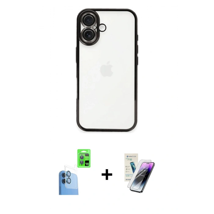 MARSİLYAN™- iPhone 16 Kılıf Vadi Minimal - Şeffaf Pasifik Cam Ekran Koruyucu + Raze Metal Kamera Lens - LT