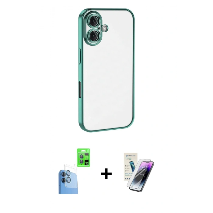 MARSİLYAN™- iPhone 16 Kılıf Vadi Minimal - Şeffaf Pasifik Cam Ekran Koruyucu + Raze Metal Kamera Lens - LT