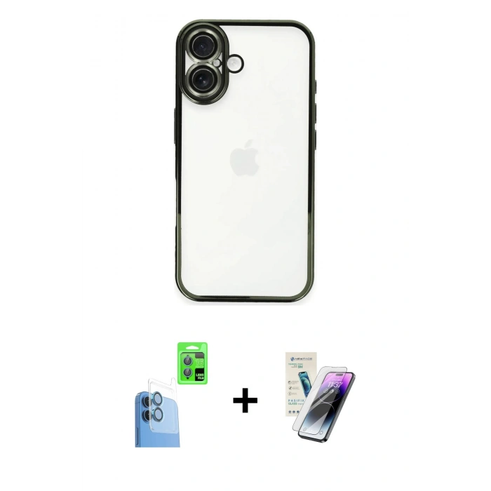 MARSİLYAN™- iPhone 16 Kılıf Vadi Minimal - Şeffaf Pasifik Cam Ekran Koruyucu + Raze Metal Kamera Lens - LT