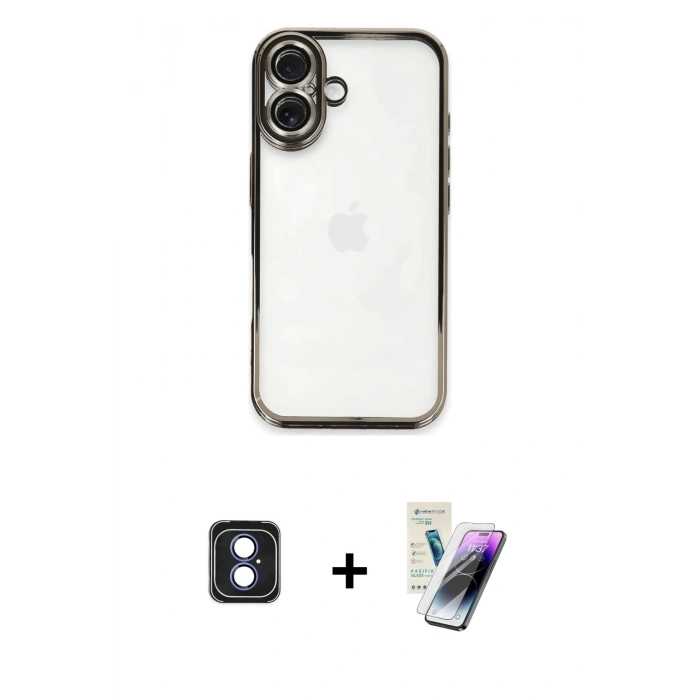 MARSİLYAN™- iPhone 16 Kılıf Vadi Minimal - Şeffaf Pasifik Cam Ekran Koruyucu + PVD Metal Kamera Lens - MI