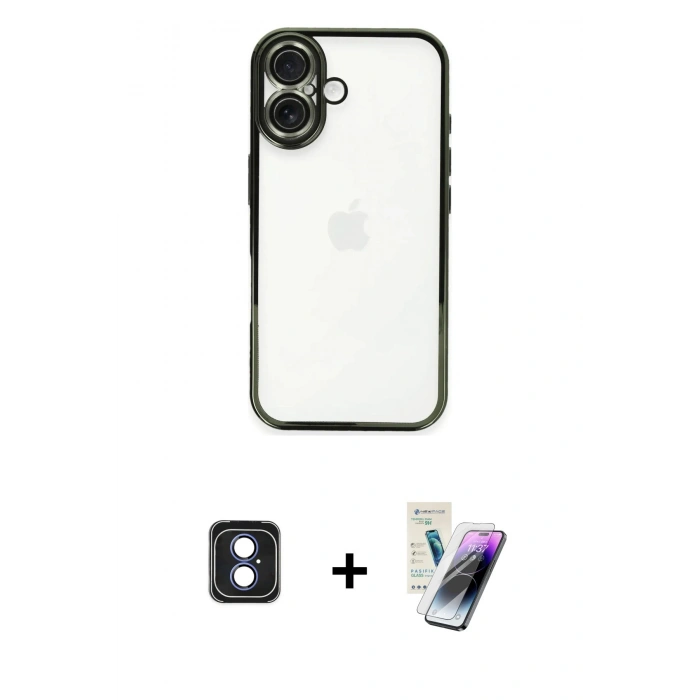 MARSİLYAN™- iPhone 16 Kılıf Vadi Minimal - Şeffaf Pasifik Cam Ekran Koruyucu + PVD Metal Kamera Lens - MI
