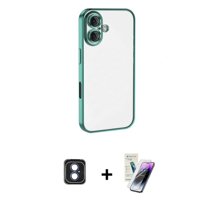 MARSİLYAN™- iPhone 16 Kılıf Vadi Minimal - Şeffaf Pasifik Cam Ekran Koruyucu + PVD Metal Kamera Lens - MI